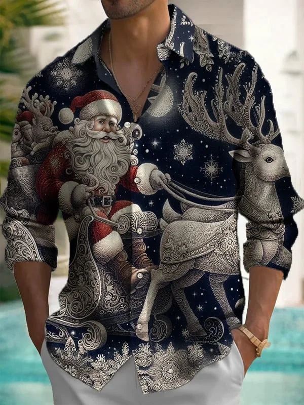 Men's Vintage Christmas Print Long Sleeve Lapel Shirt