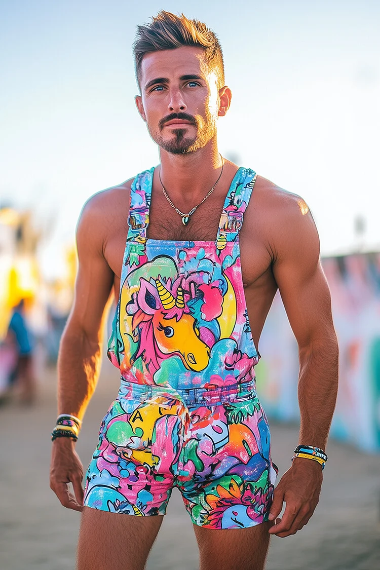 Ciciful Neon Graffiti Chaos Print Pride Festival Shorts Overalls