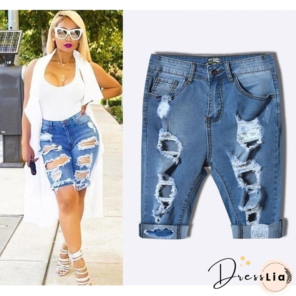 Women Casual Street Style Half Blue Denim Shorts Stretch Pants Slim Boyfriend Ripped Hole Jeans