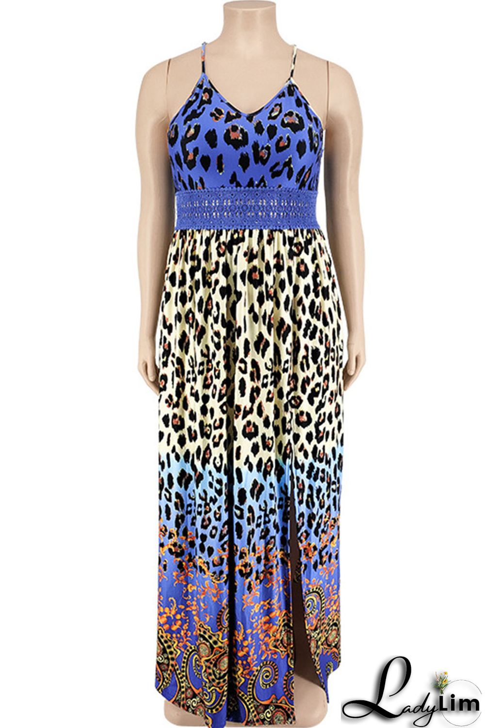 Blue Sexy Print Patchwork Slit Fold Spaghetti Strap Straight Dresses