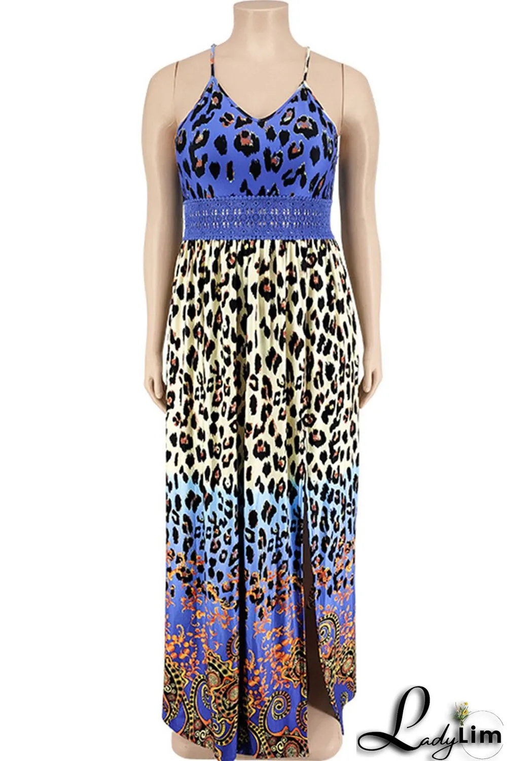 Blue Sexy Print Patchwork Slit Fold Spaghetti Strap Straight Dresses