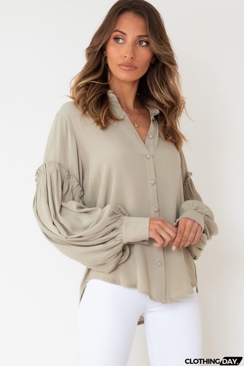 Ruffled Patchwork Bubble Sleeve Loose Shirt