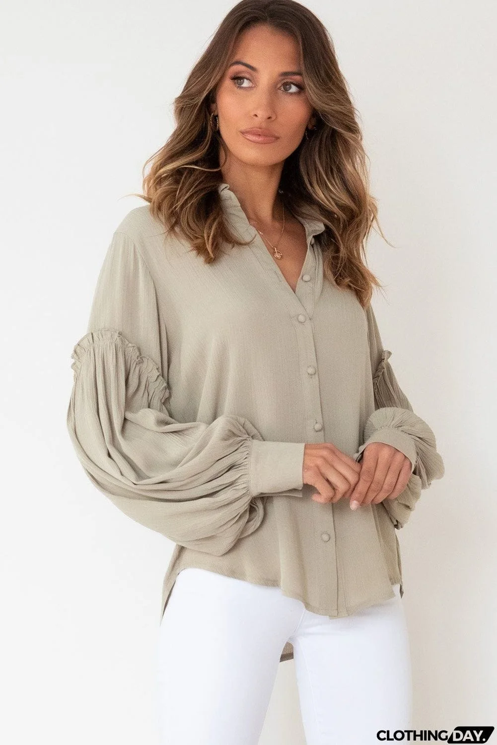 Ruffled Patchwork Bubble Sleeve Loose Shirt