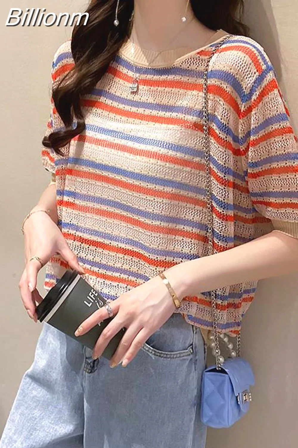 Billionm O-Neck Knitted Loose Korean Striped Blouse Women's Clothing 2023 Spring New Casual Pullovers Short Sleeve Commute Shirt