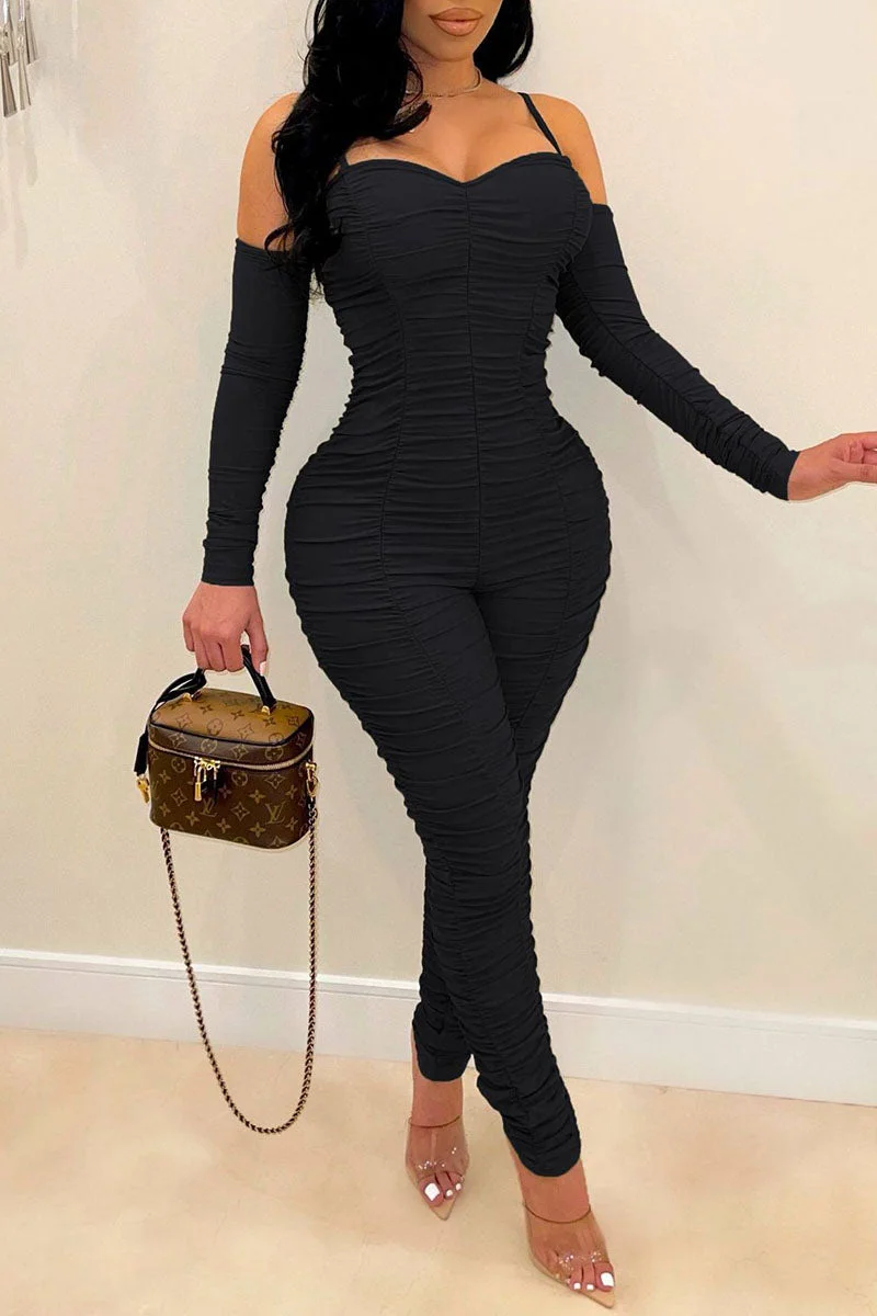 Sexy Solid Split Joint Fold Spaghetti Strap Regular Jumpsuits