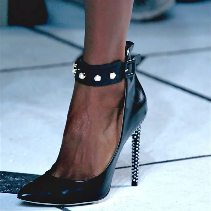 Black Rhinestone Stiletto Ankle Strap Heels - Elegant & Chic Pumps Vdcoo