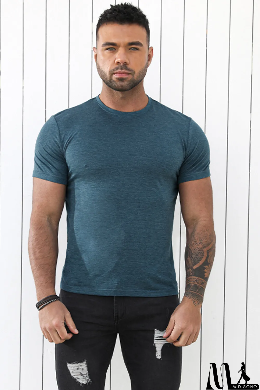 MidiSono - Blue Solid Basic Crewneck Short Sleeve Men's T-shirt