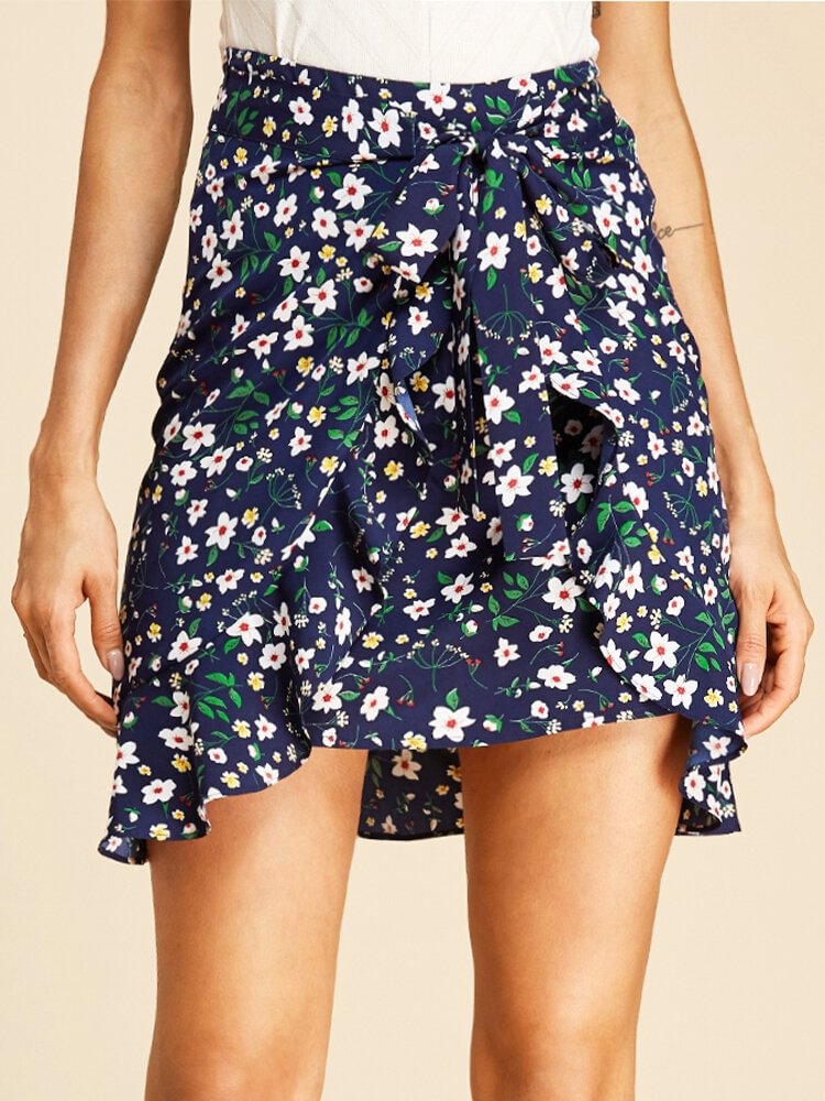 Floral Print Ruffle Asymmetrical Short Casual Skirt for Women - Shop Trendy Women's Fashion | TeeYours