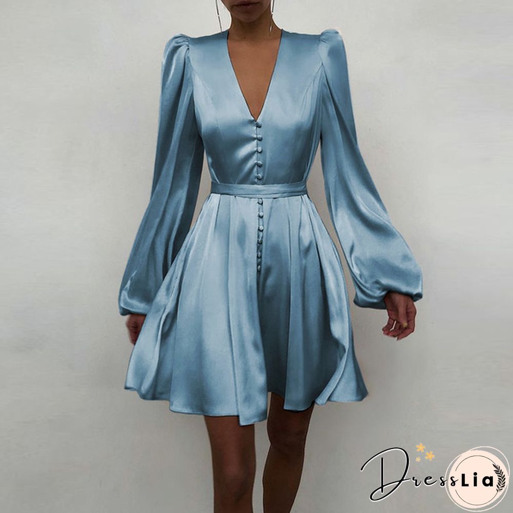 Women Solid Color Stain V Neck Puff Long Sleeve Cocktail Dress Casual Fashion Party Belted Midi Dress Plus Size Kleid