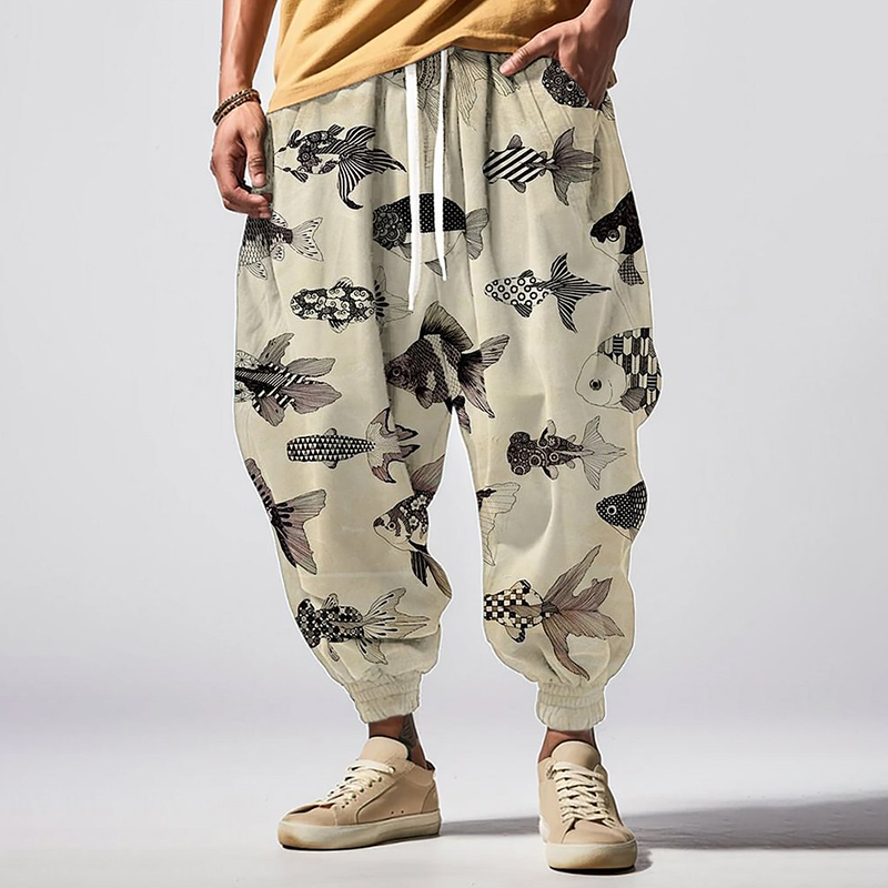 Vintage Japanese Art Fish Print Casual Loose Drawstring Waist Sweatpants wearshes