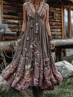 Women's Boho Floral Art V Neck Comfy Maxi Dress