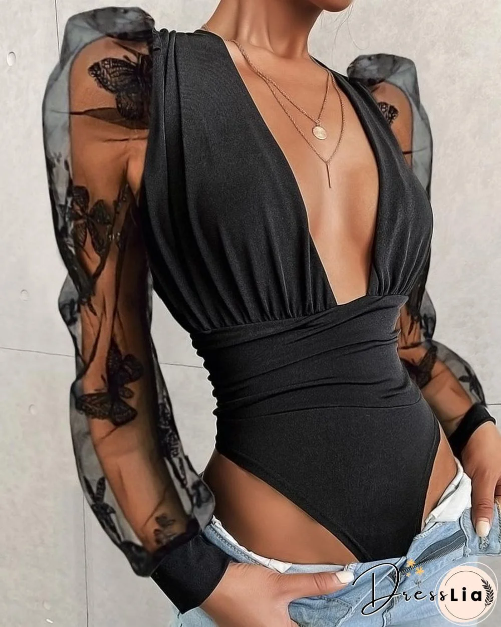 Puff Sleeve Sheer Mesh Bodysuit P14304