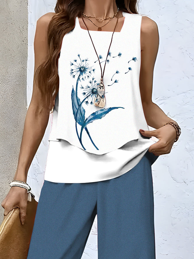 Women's Sleeveless Square Collar Graphic Printed Casual Set