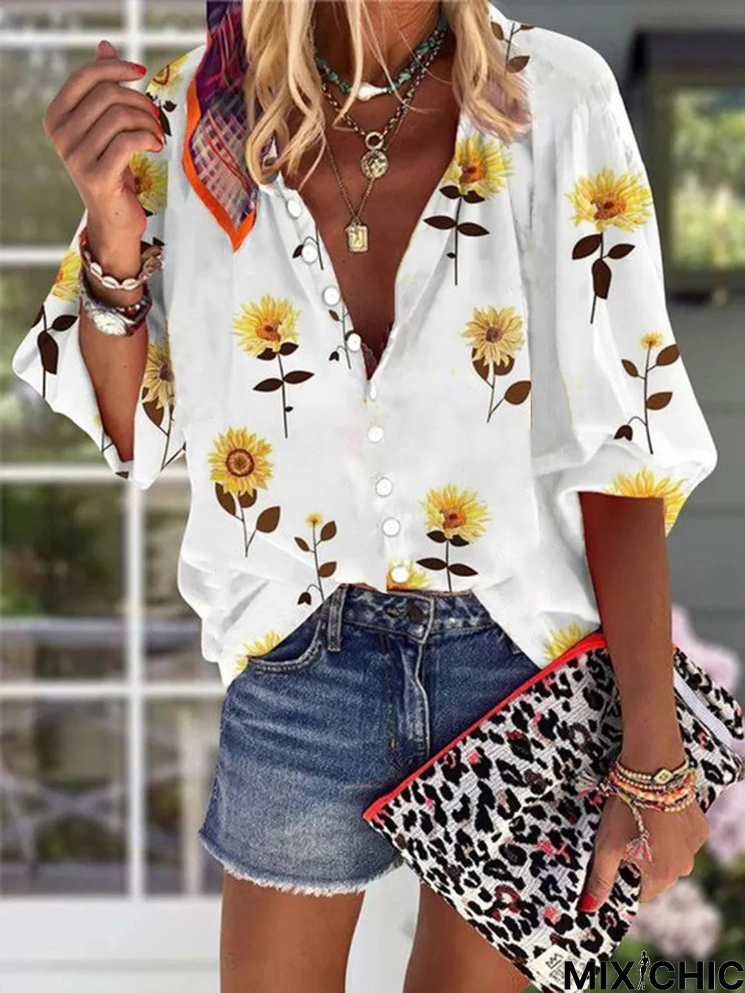 Boho Sunflower V Neck Buttoned Three Quarter Loosen Blouse