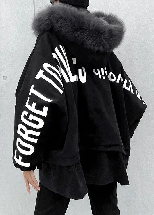 Casual black Letter coats plus size snow jackets faux fur collar pockets coats