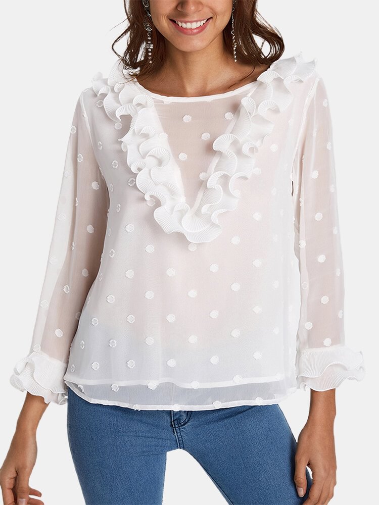 Women Solid Color Dot Patchwork Ruffle Sleeves Casual Blouse P1210441
