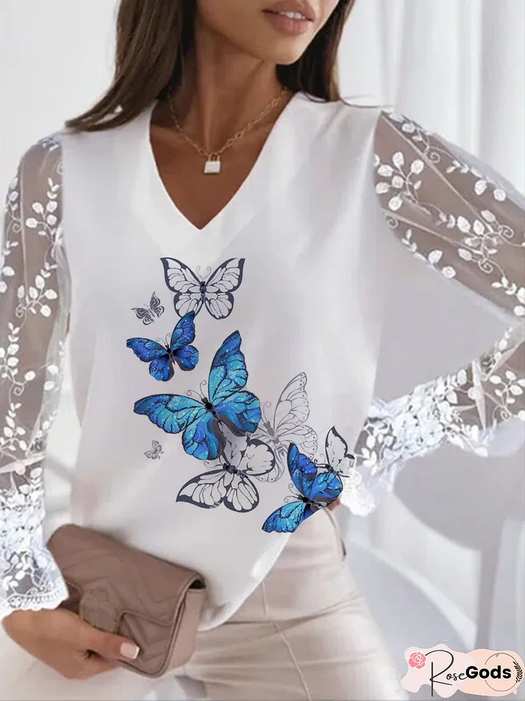 Women Autumn Butterfly Vacation V Neck Micro-Elasticity Loose Polyester Fiber Long Sleeve Regular Tops