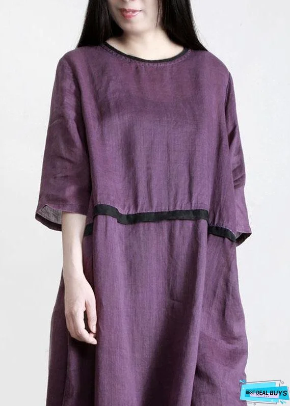 Modern Purple Pockets Linen Summer Maxi Dress