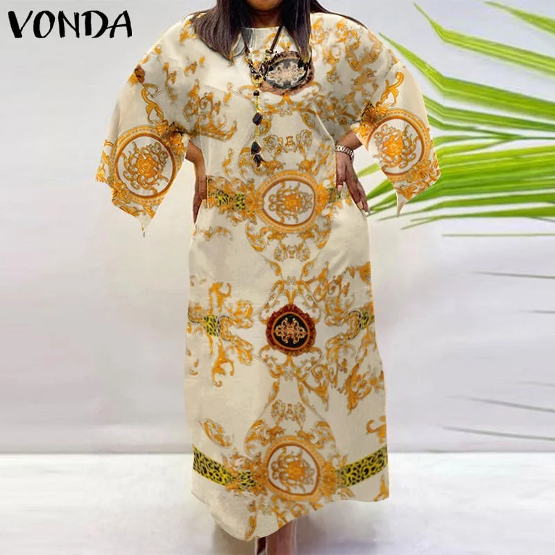 VONDA Women Bohemian Dress 2022 Casual Loose 3/4 Sleeve Holiday Dress Female Vintage Printed Party Vestidos Oversized Robe Femme