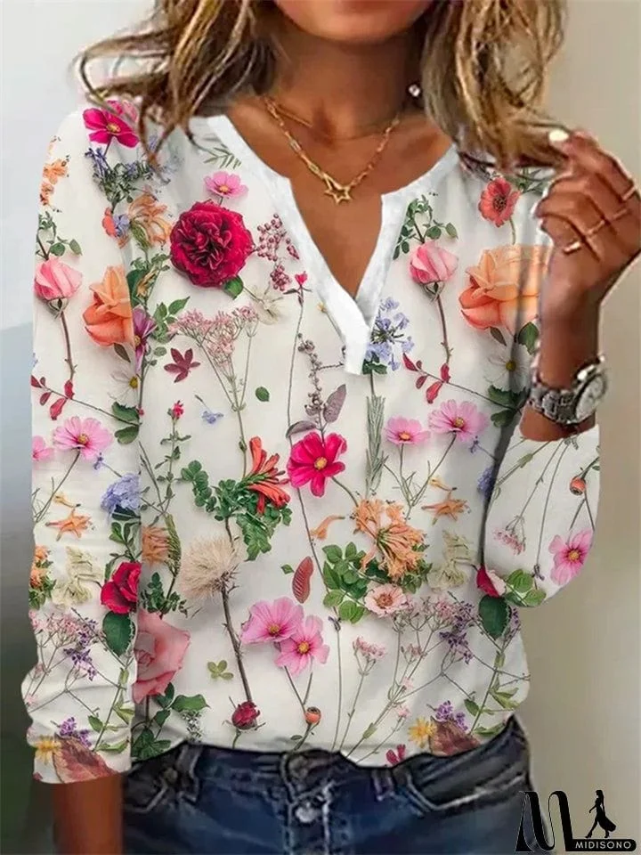 Temperament Floral Print Female V-neck Pullover T-shirts