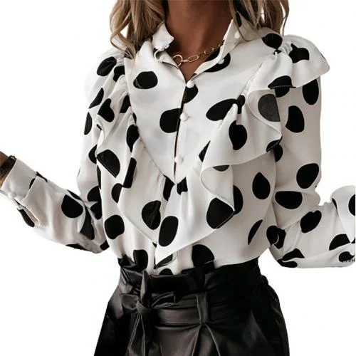 Women New Fashion Elegant V Neck Ruffle Dot Print Long Sleeve Blouse Office Pullover Shirt Office Blouse Slim Casual Top S-3XL