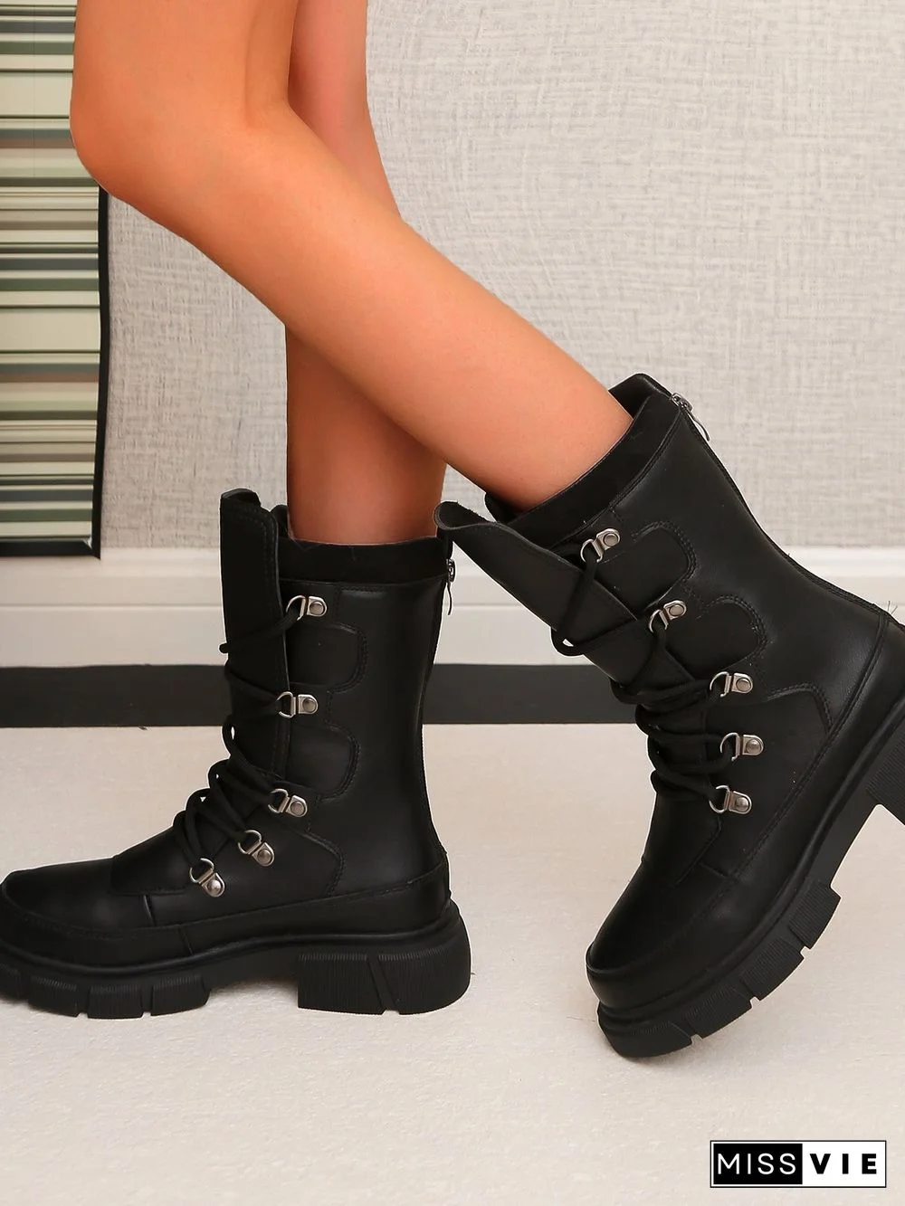 Vintage Contrast Lace-Up Tall Chunky Heel Outdoor Boots