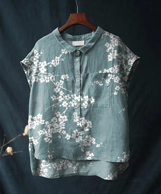 Vintage Floral Print Short-sleeved Cotton and Linen Shirt