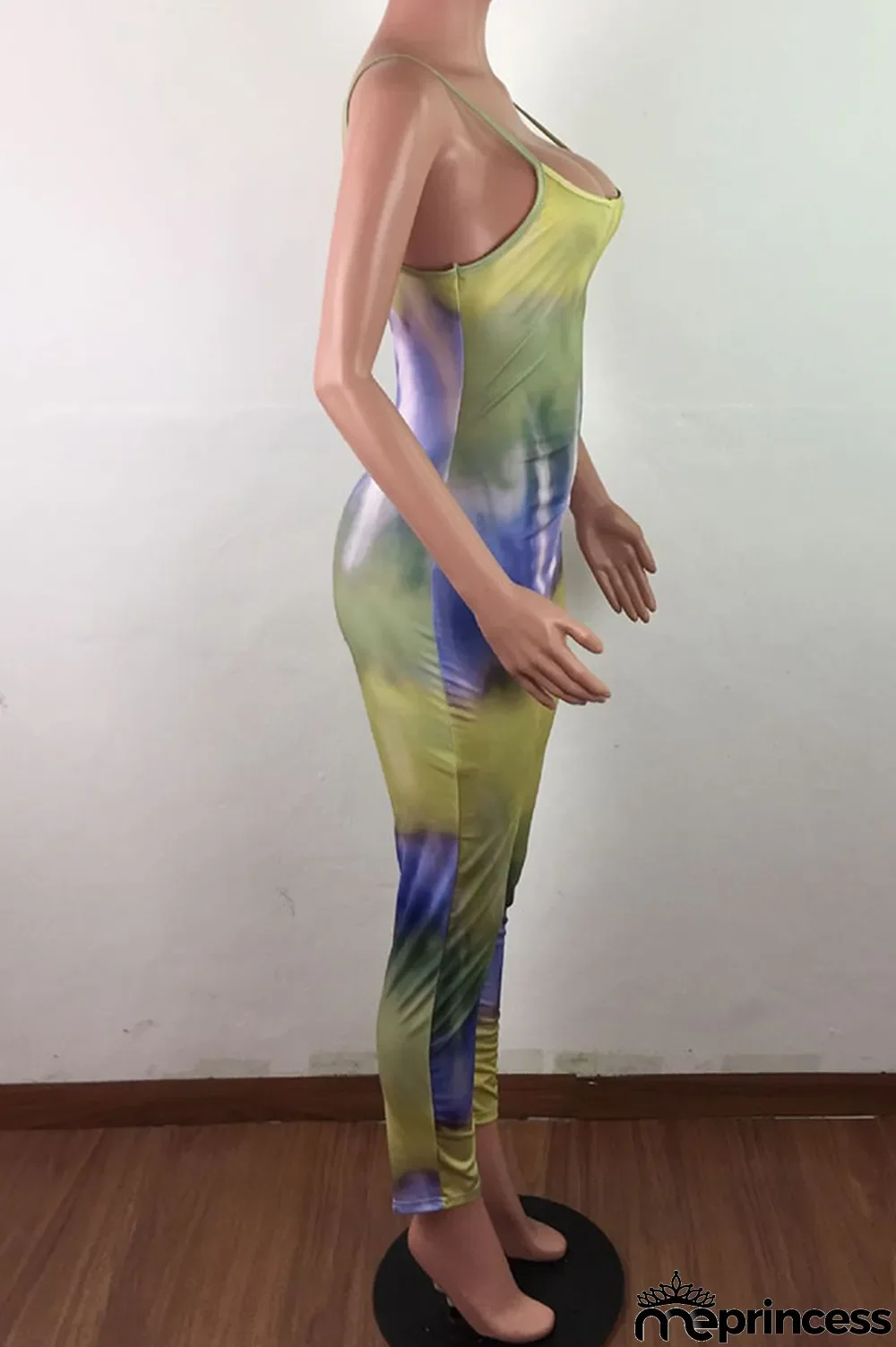 Blue Fashion Sexy Tie-dyed Sleeveless Slip Jumpsuits