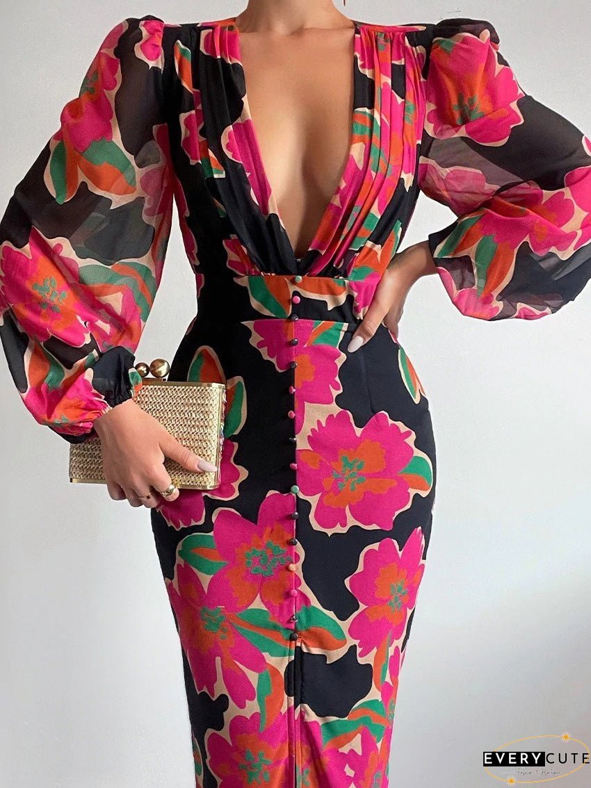 Dresses Deep V Neck Button Long Sleeve Slit Dress for Women