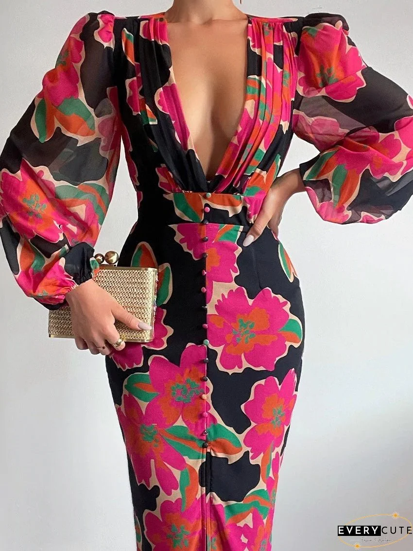 Dresses Deep V Neck Button Long Sleeve Slit Dress for Women