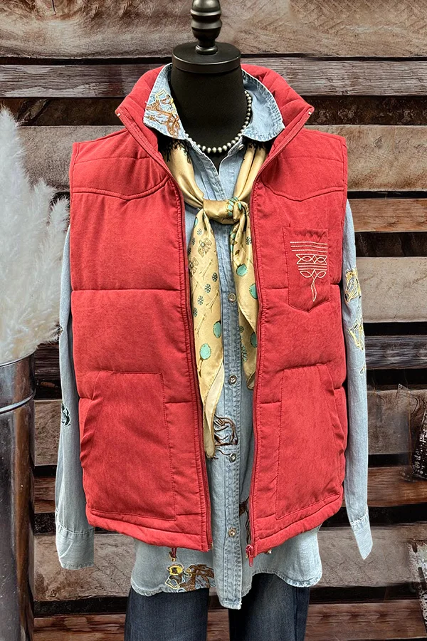 Boot Stitch Printed Quilted Vest-Red
