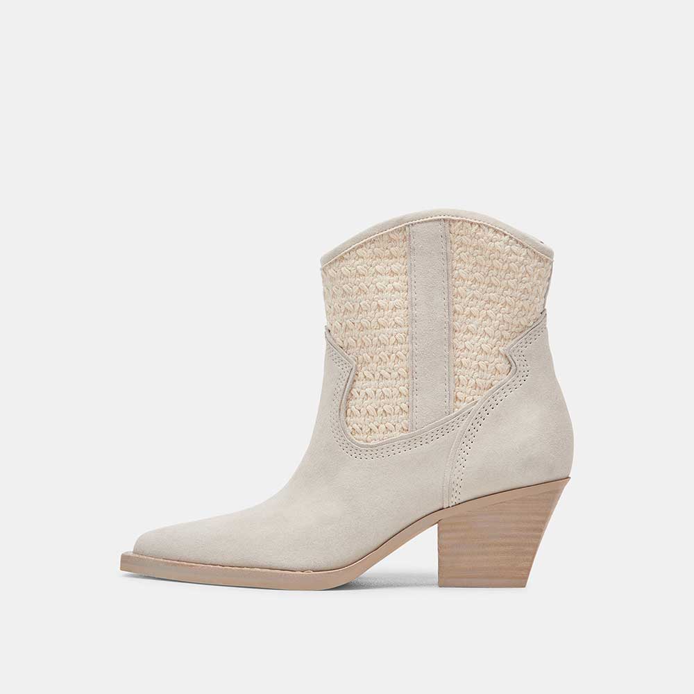 Sand-tone Faux Suede Pointed Toe Woven Inlay Cowgirl Boots With Chunky Heels