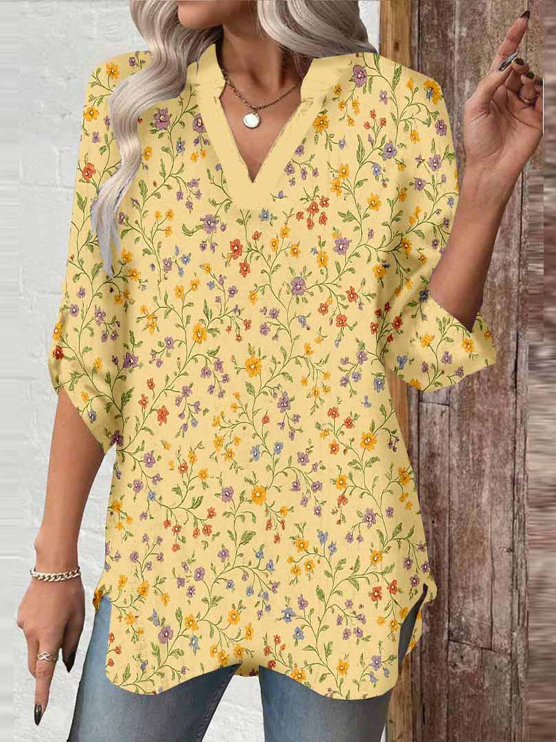 Women Floral, Yellow, Red DZGA0196 3/4 Sleeve V-neck Printed Graphic Button Tops