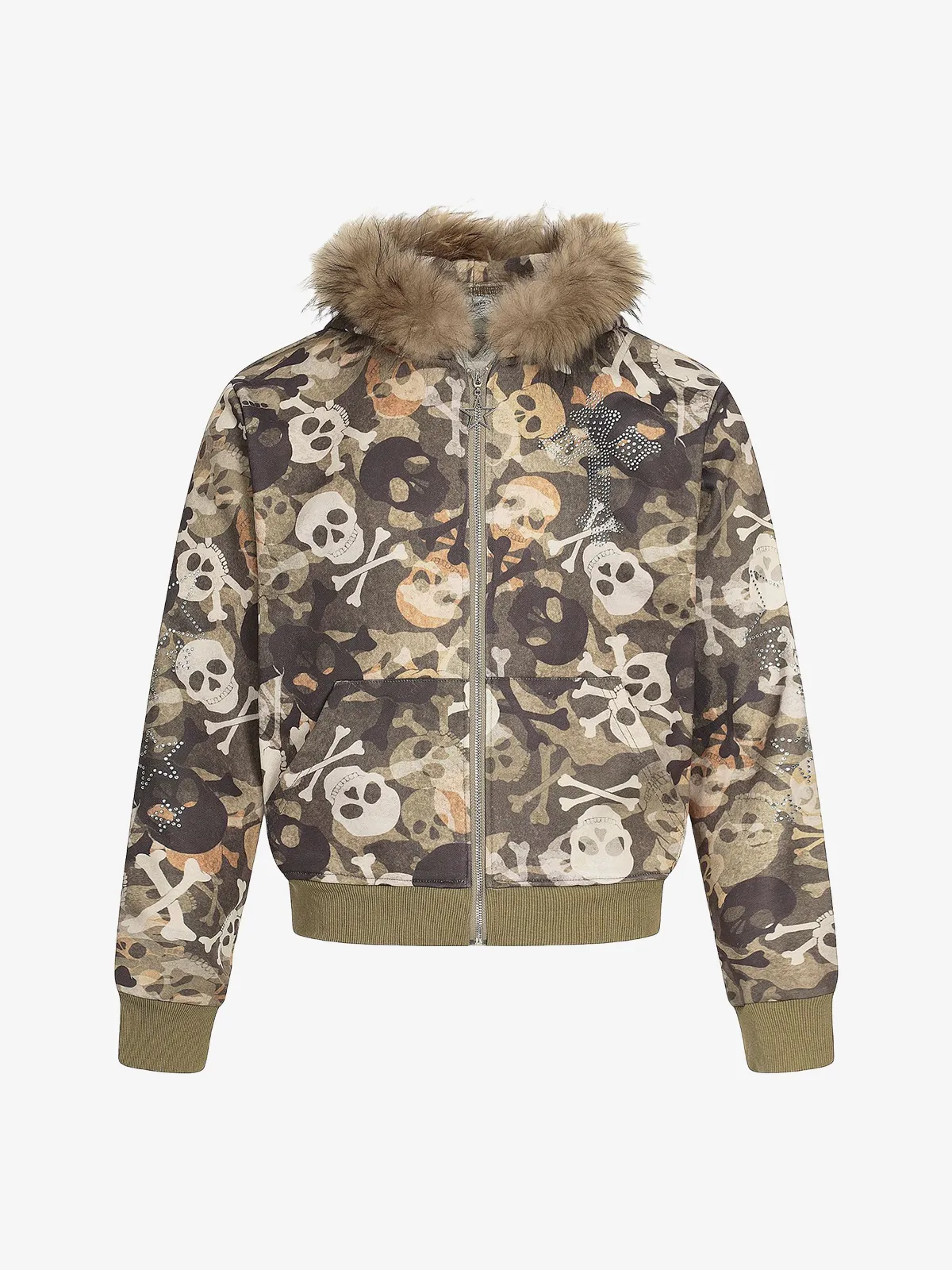 Camouflage Actchic Skull Camo Rhinestone Zip-Up Hoodie Jacket Front