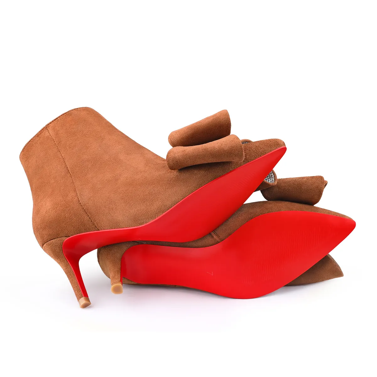 60mm Women's Pointed Toe Bow Rhinestone Ankle Boots Kitten Heel Single Strap Red Bottom Suede Booties-vocosishoes