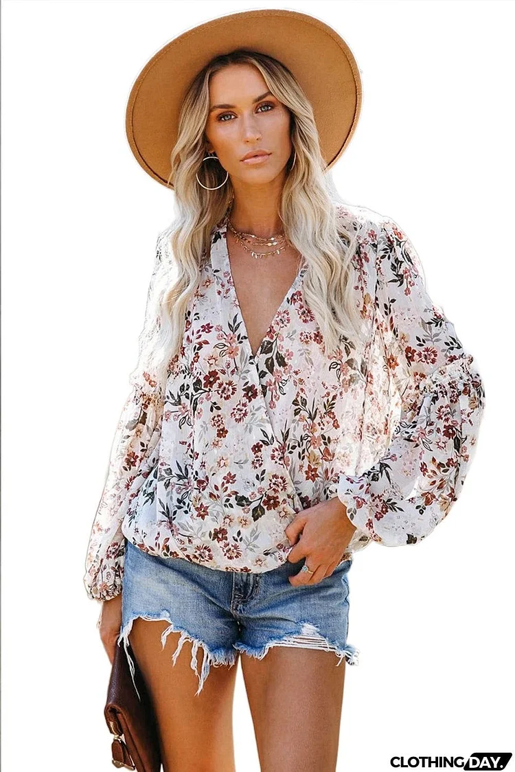 Multi-color Wrap V Neck Lantern Sleeve Floral Print Drape Blouse