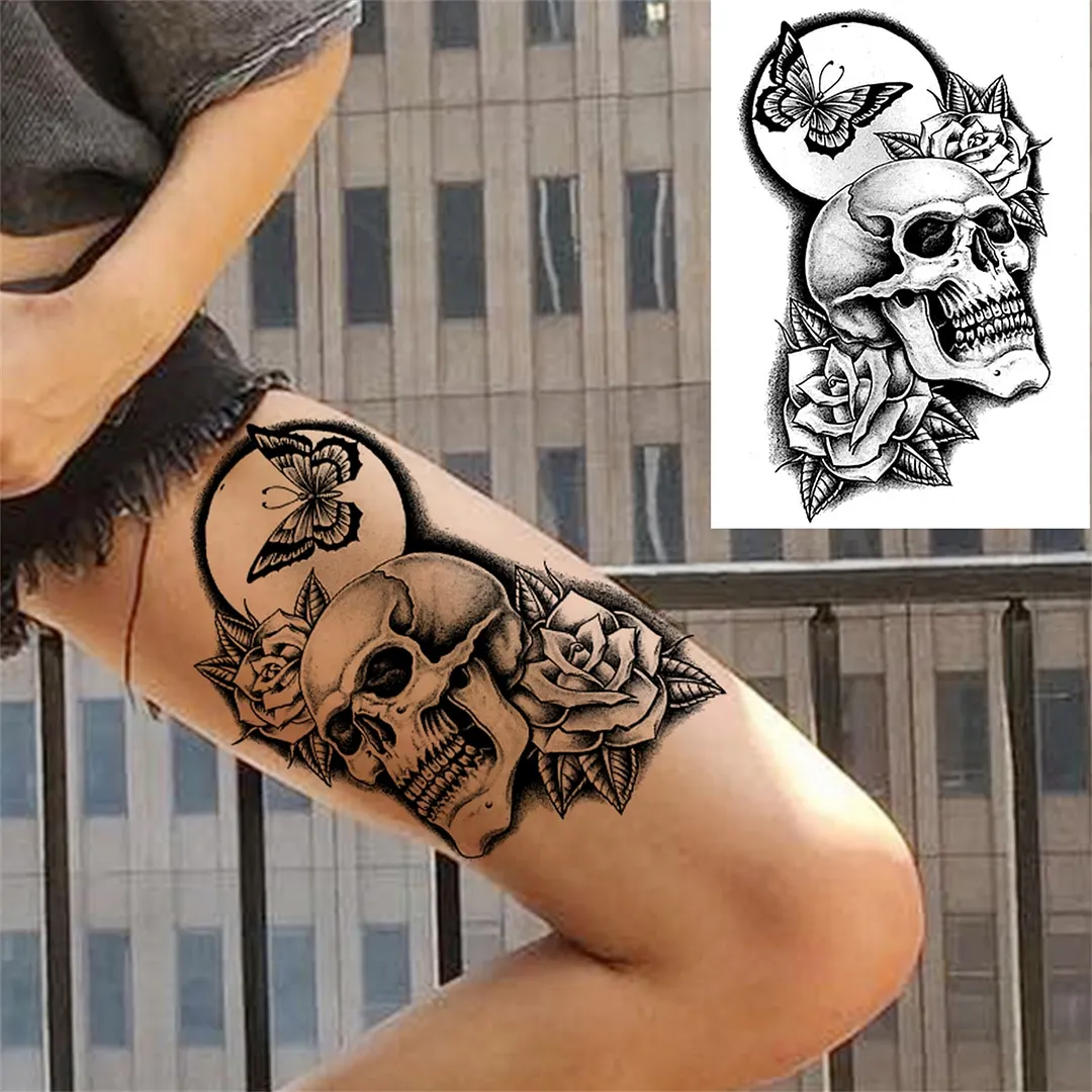 Sdrawing Anchor Skull Temporary Tattoos For Women Men Adult Pirate Black Skeleton Tattoo Sticker Fake Wolf Lion Tiger Tatoos Back