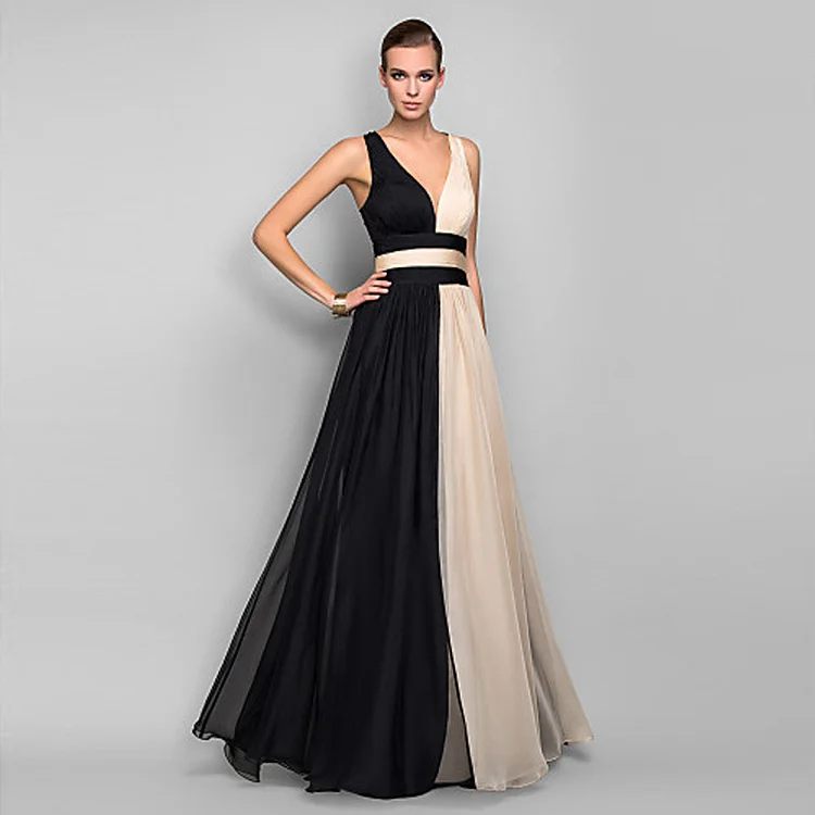 Slim Dress Sexy Sleeveless Color Matching Contrast Dress Long Skirt Black Dresses