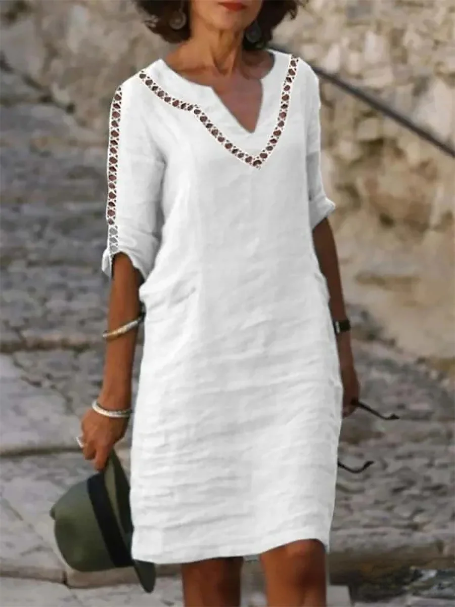 Women's V-neck Striped Hollow Out 5/4 Sleeve Mid Size Dress