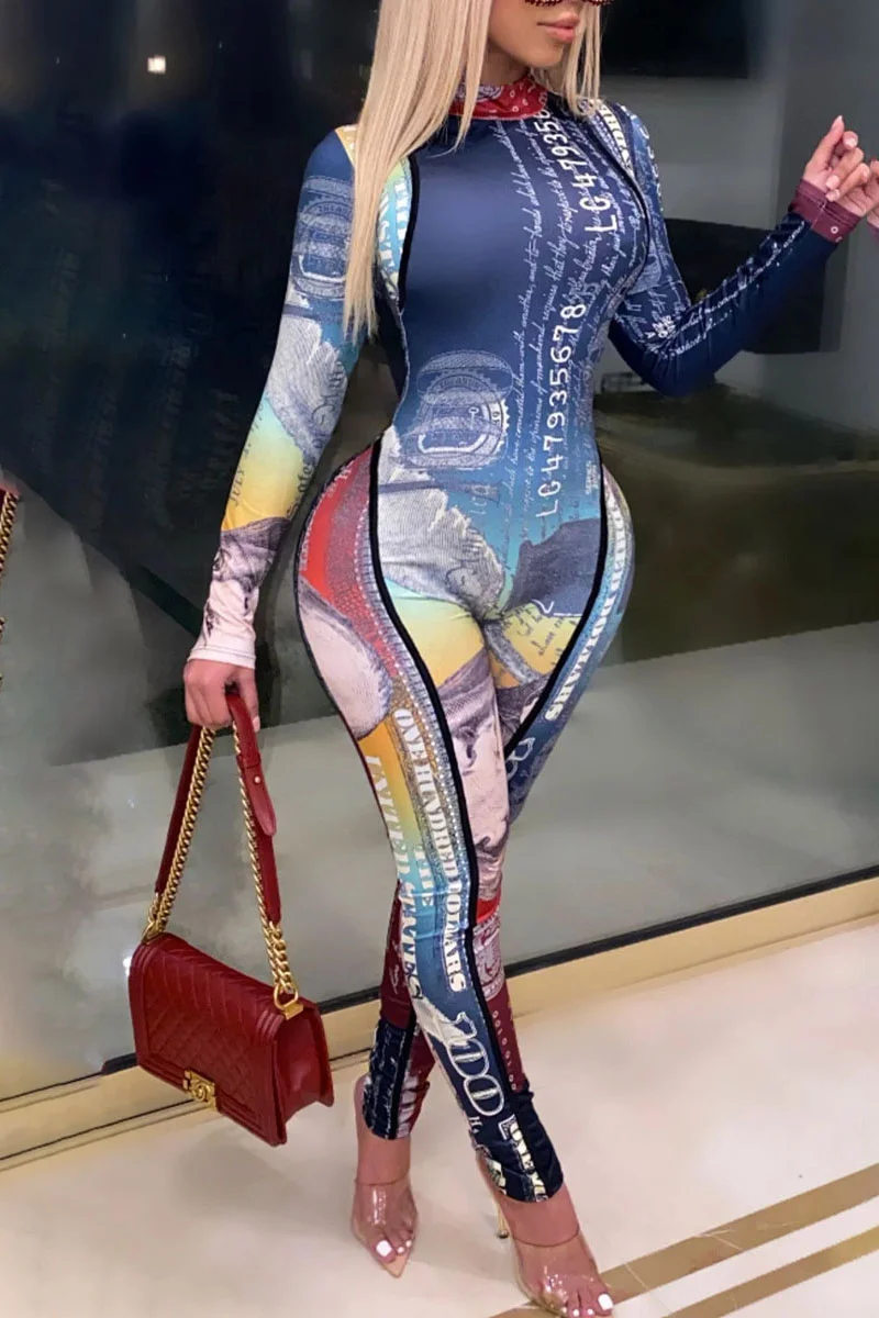 Colour Sexy Print O Neck Skinny Jumpsuits