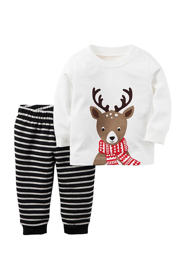 Cute Long Sleeve Kids Boys Christmas Reindeer Print Stripe Pajama White-elleschic