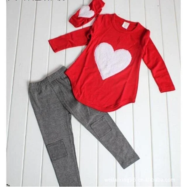 3 Sets Red Heart Baby Girl Hair Band Shirts Pants Suits Clothes