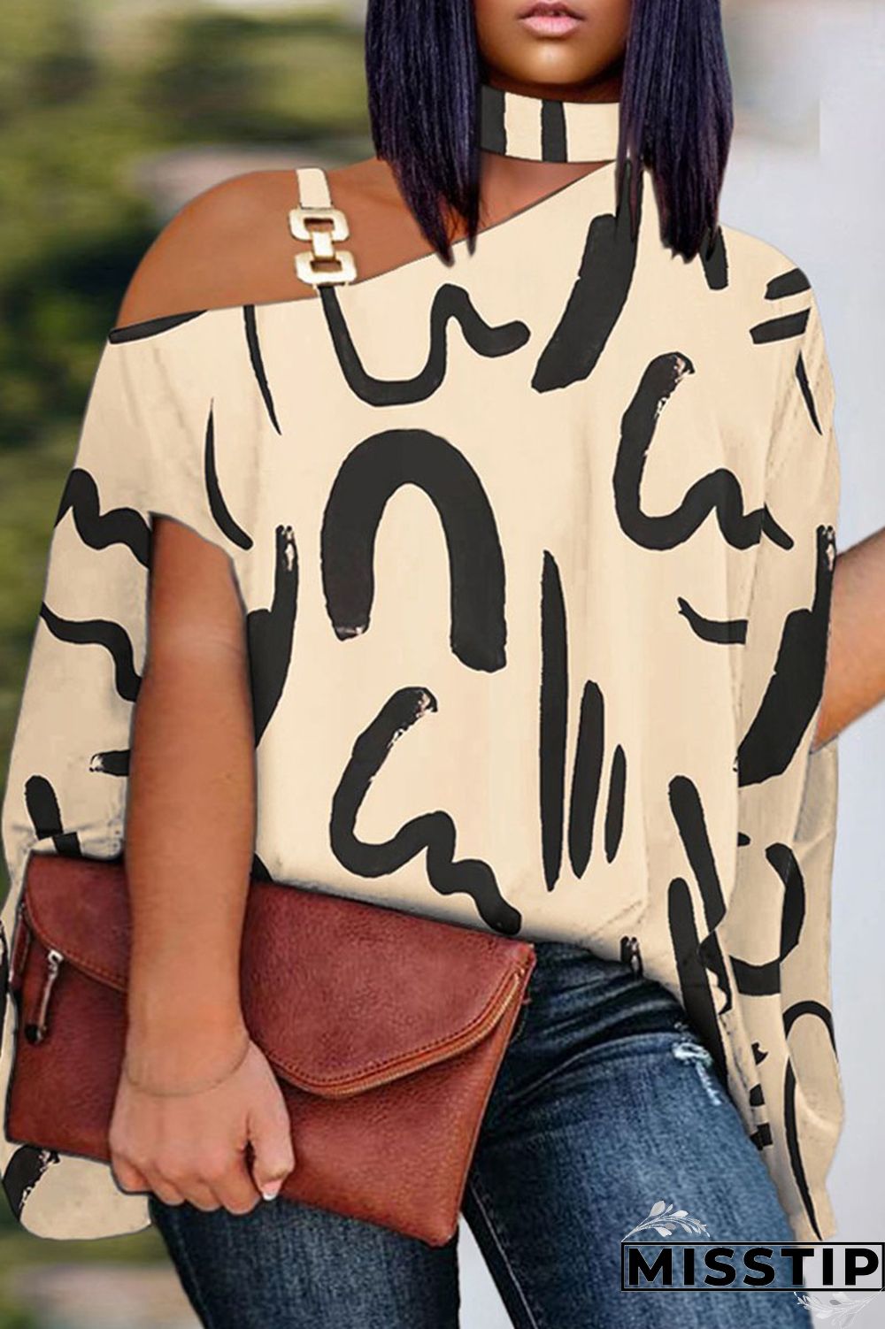 Gradient Color Casual Print Patchwork Asymmetrical Collar Plus Size Tops