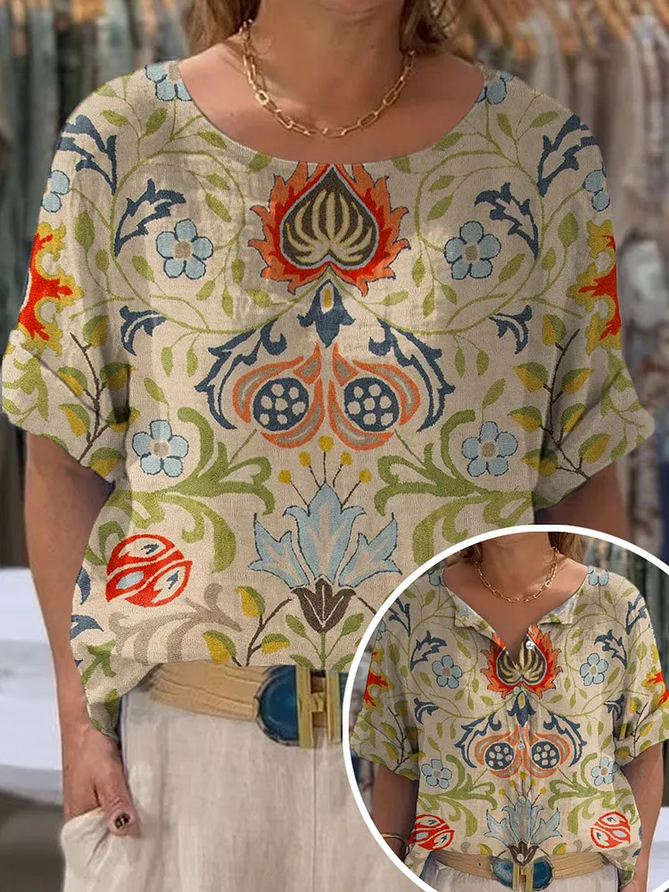 Women's Vintage Lovely Floral Art Print Front And Back Wear Short Sleeve Cotton Shirt