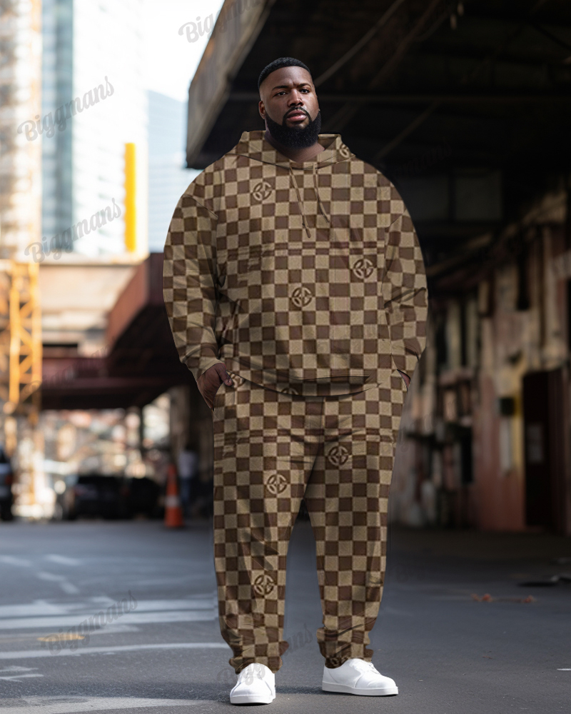 Men's Plus Size Classic Brown Plaid Hoodie Suit