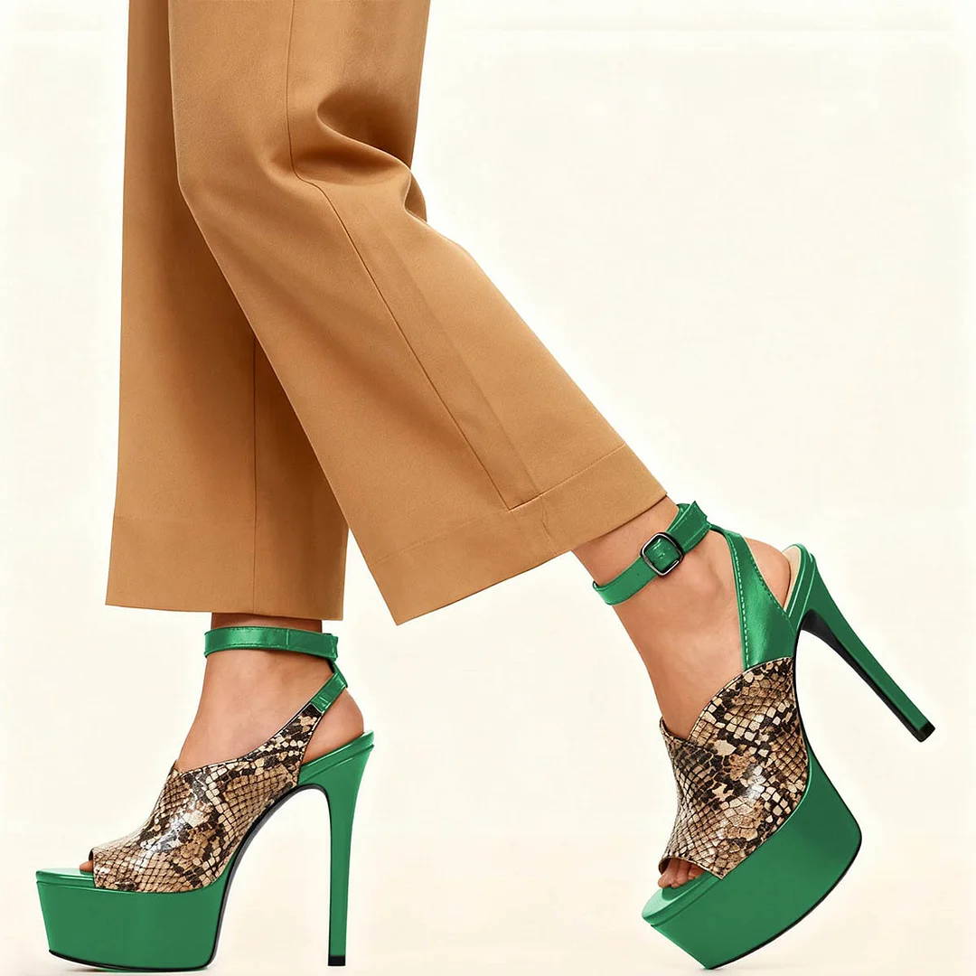 Embossed Snakeskin Pattern Platform Heeled Green Summer Sandals
