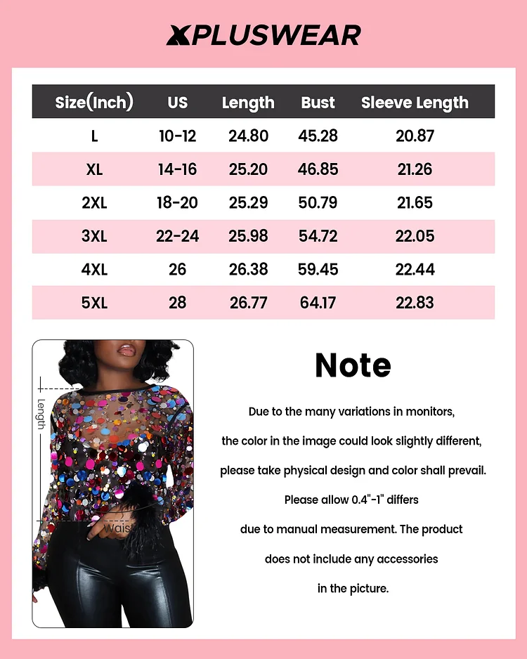 Plus Size Party Blouse Black Round Neck Disco Sequin Feather Mesh See-Through Blouse 