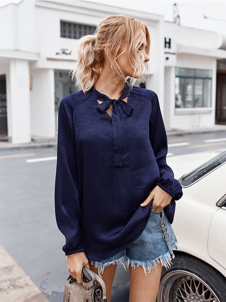 Solid Color V neck Long Sleeves Casual Blouse For Women P1692263