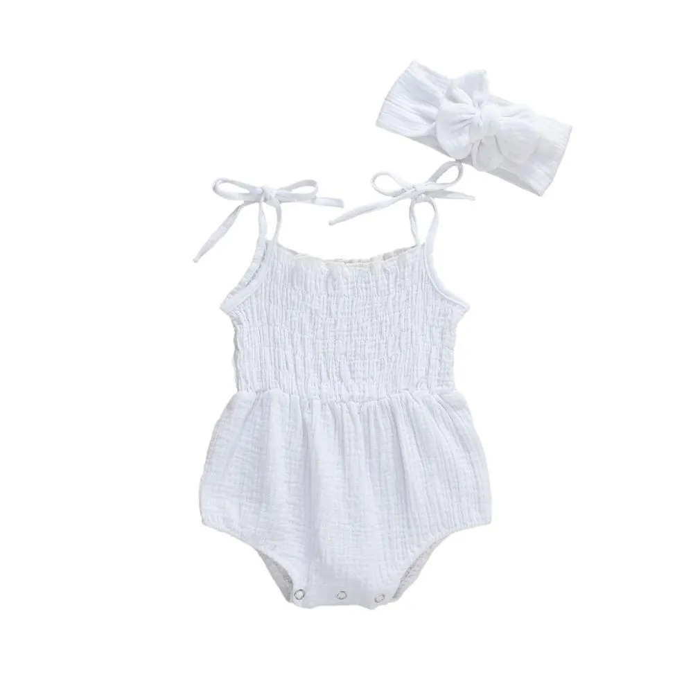 2020 Baby Summer Clothing Infant Newborn Baby Girls Boys Solid Cotton Linen Bodysuits Sleeveless Strap Jumpsuits +Headband