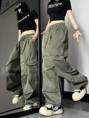 Hedirax Y2k Women Cargo Pants American Hop High Waist Wide Leg Trousers Casual Loose Streetwear Female Vintage Pockets Pants